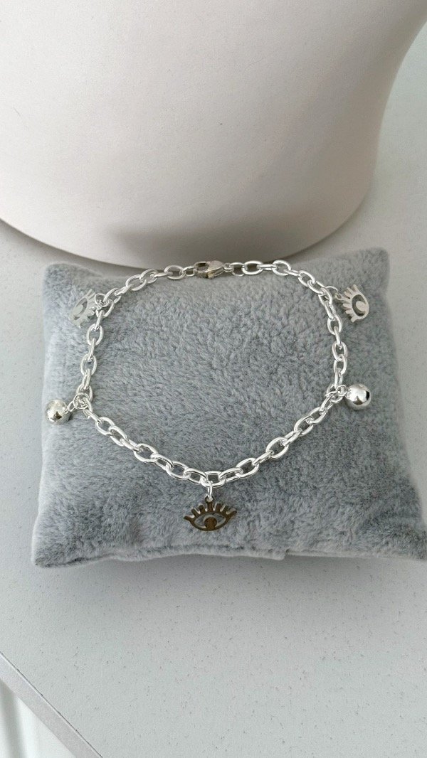 Producto - Pulsera dijes ojitos y bolitas ACERO BLANCO