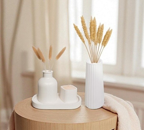 Producto - Set 2 Floreros, Bandeja y Porta vela Artesanal Curado