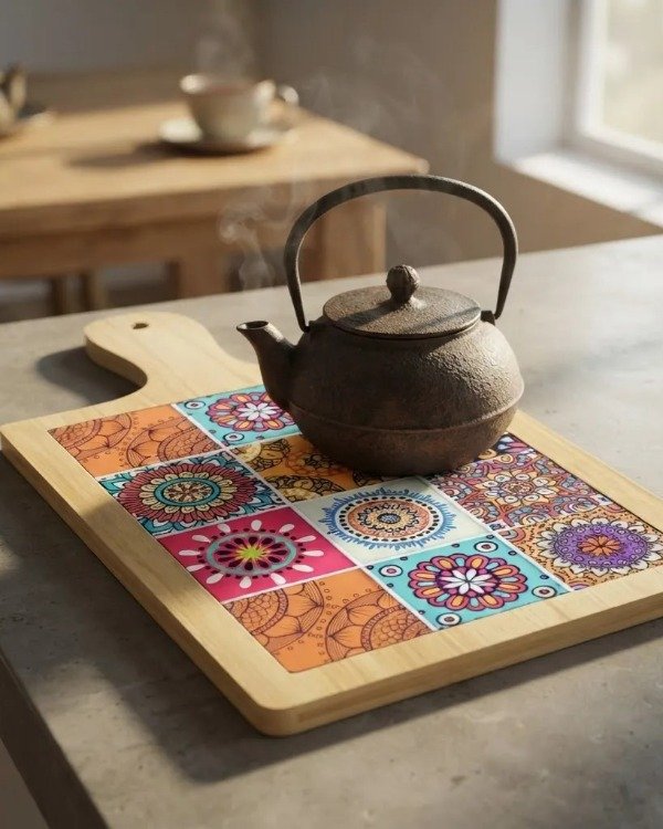 Producto - Posa Pava Fuente Madera- Dibujo Mandala en PVC Rectangular - 2