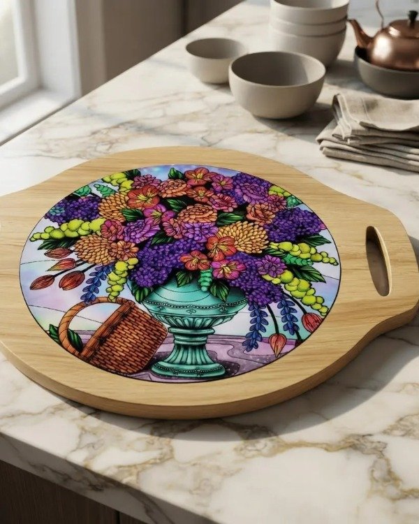 Producto - Posa Pava Fuente con asas Madera- Dibujo en PVC Redonda - 1