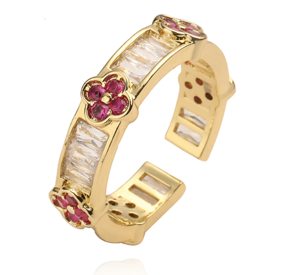 Producto - Anillo regulable cristales trébol fucsia en cobre enchapado en oro