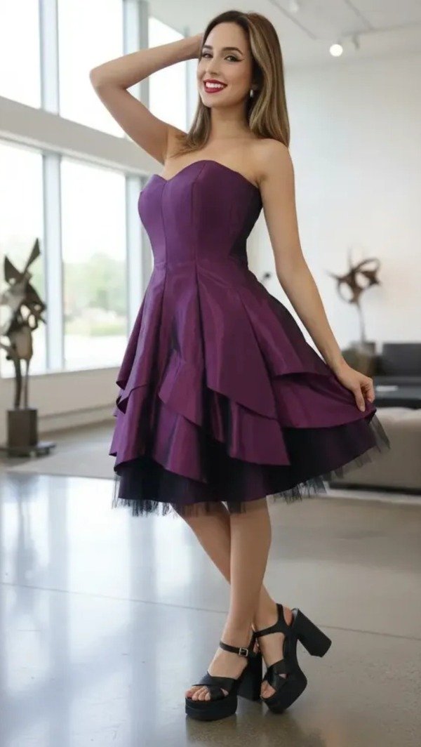Vestido corto con capas strapless tafetán — imagen 7