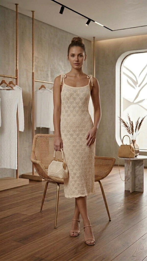 Producto - Vestido midi de algodón con textura artesanal y diseño único - 4