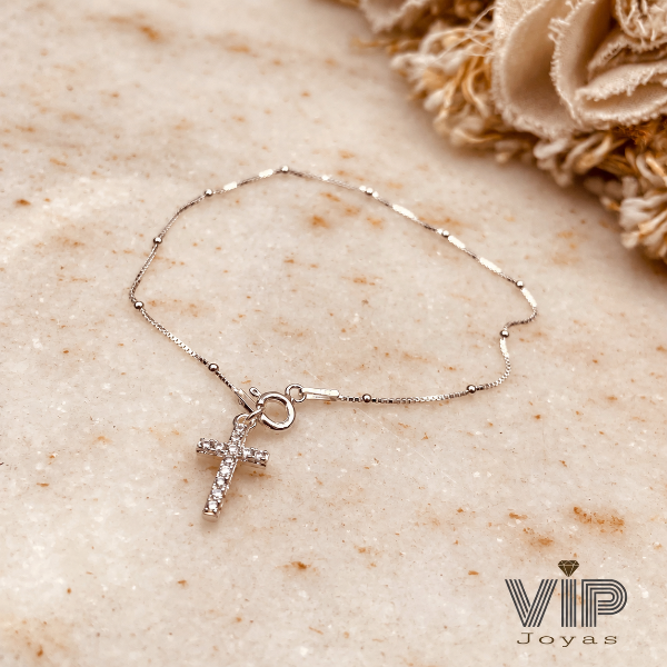 Producto - Pulsera Denario Veneciana Cruz Cubics Plata 925 - 0