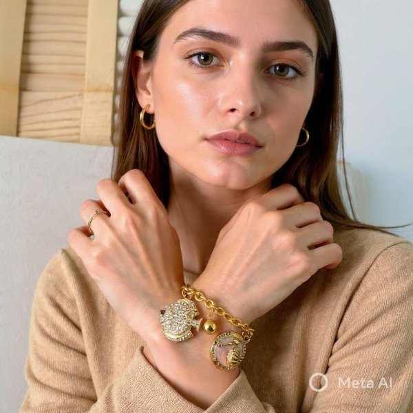 Producto - Pulsera A-Dorado Dijes Medalla con Ostra Nacarado / Pez Piedritas Blancas - 1