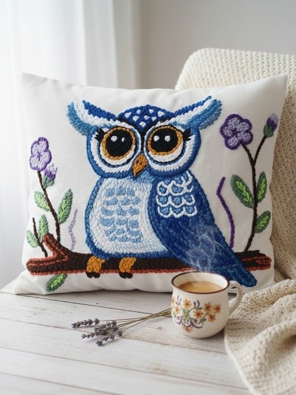 Producto - Almohadón Bordado en Relieve- Búho Guardián