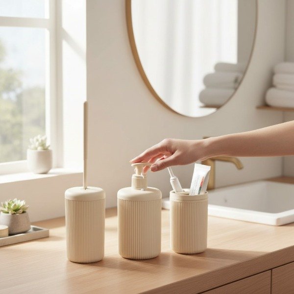 Producto - SET DE BAÑO DE 3 PIEZAS CON ESCOBILLA PLASTICO RAYADO VOCE - 0