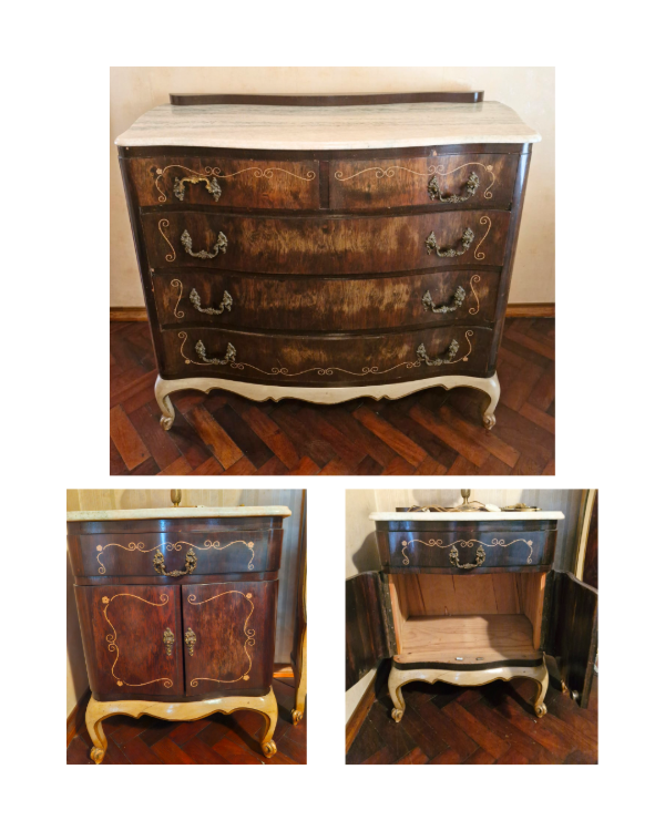 Producto - Cómoda y 2 mesitas de luz con mármol estilo Francés