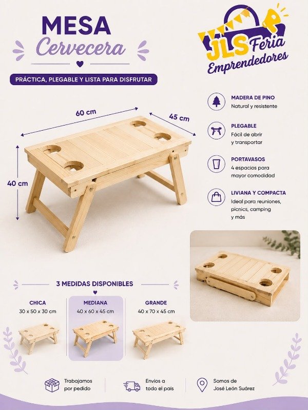 Producto - Mesa Cervecera Plegable de Pino con Portavasos mediana