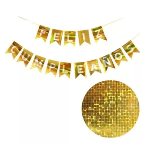Producto - Banderin Feliz Cumpleaños holográfico dorado