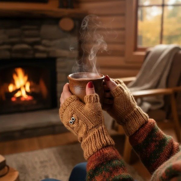 Producto - Mitones tejidos "Lechuzas" marrón claro