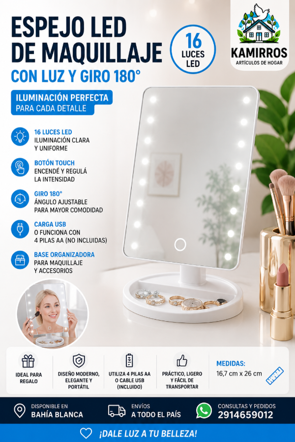 Producto - Espejo LED de Maquillaje con Luz USB Botón Táctil Rotación 180