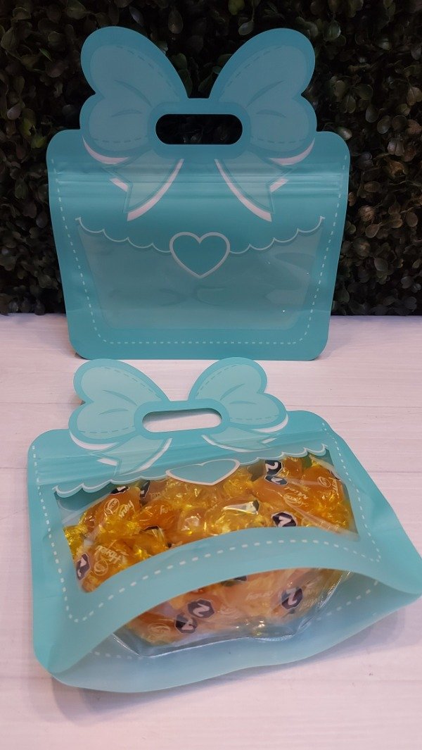 Producto - Bolsa doypack valijita con moño AQUA. Precio por unidad.