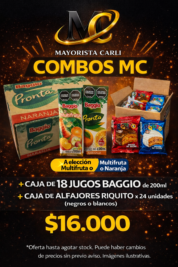 Producto - Combos MC Caja de 18 Jugos Baggio 200 cc + Caja Riquitos Triple x 24