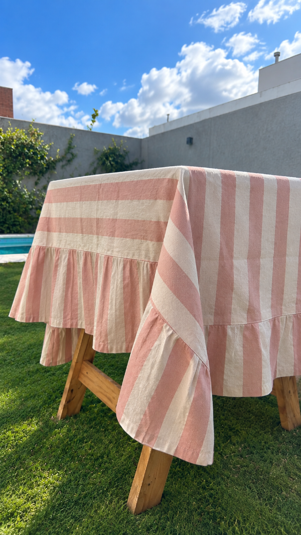 Producto - Mantel Tusor con volados rayas rosa y natural