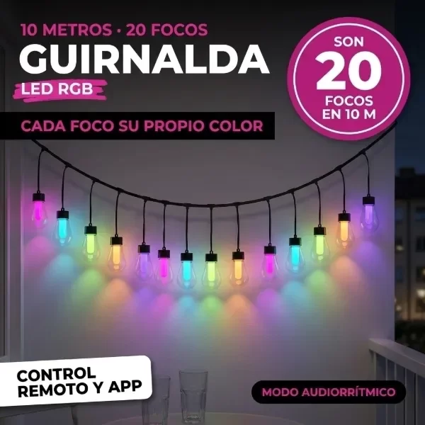 Producto - Guirnalda Smart LED RGB 10M 20 Focos Control Remoto y App BT - 1