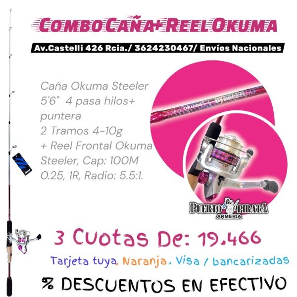 Producto - Combo okuma Steeler reel frontal con caña 1.80Mts 2 tramos