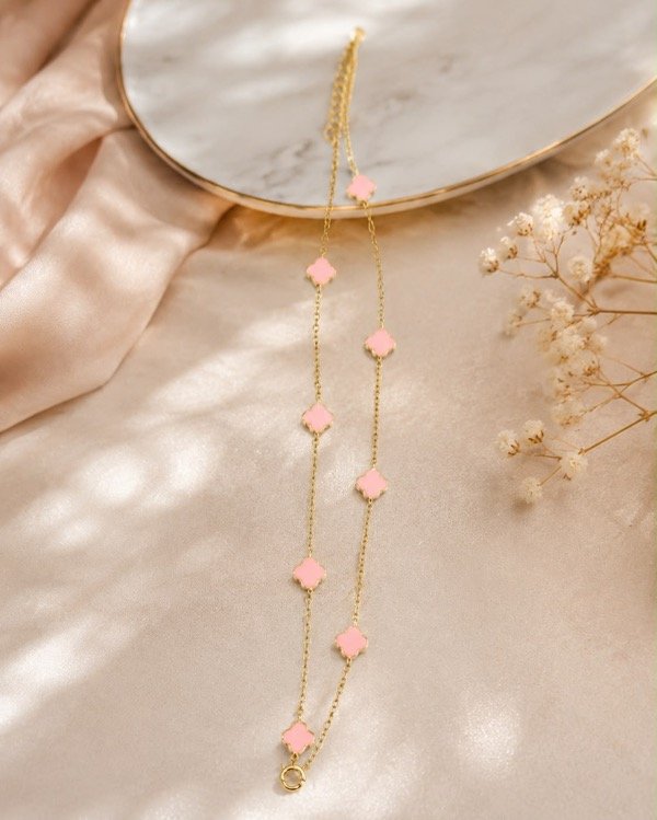 Producto - Pulsera doble  Trebol rosa Plata 925 Dorado