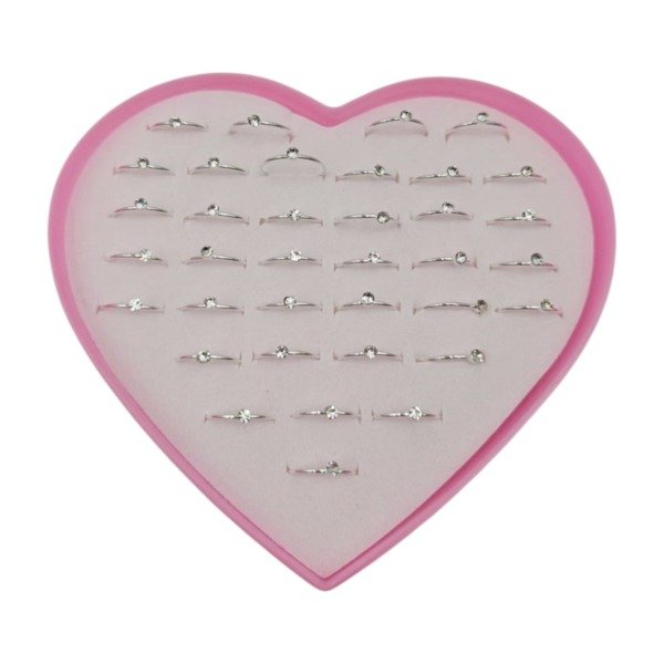Producto - ANILLOS PLATEADO C/PIEDRA STRASS CHICO X 36 ESTUCHE CORAZON 1848-1
