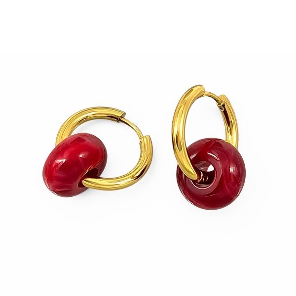 Producto - Argollas de acero dorado con dije - 1.7cm - Dona - Bordó
