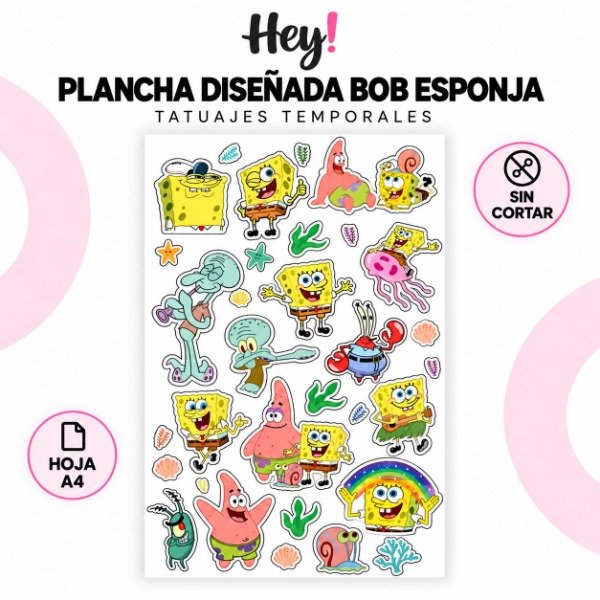 Producto - PLANCHA A4 PREDISEÑADA BOB ESPONJA - TATUAJES TEMPORALES - 0