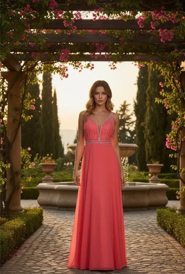 Vestido largo coral escote v falda amplia con brillos