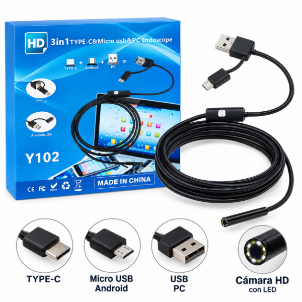 Producto - Cámara Endoscópica Hyc 3 en 1 USB Tipo C Boroscopio 2m LED