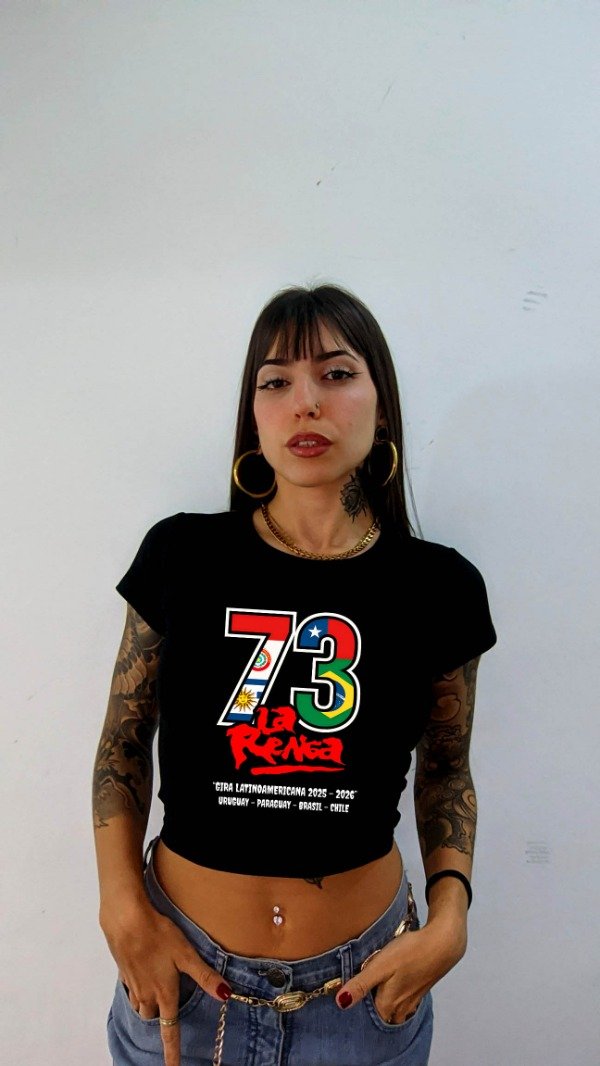 Producto - BABY TEE MUJER NEGRA LA RENGA 73 GIRA LATINOAMERICANA