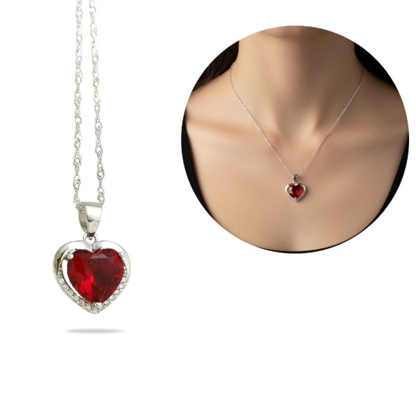 Producto - Conjunto Plata 925 Cadena y Dije Corazón Granate