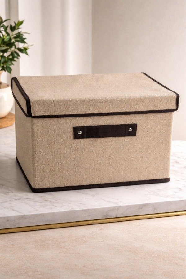Producto - CAJA ORGANIZADORA MEDIANA DE TELA BEIGE CON MANIJA Y VELCRO