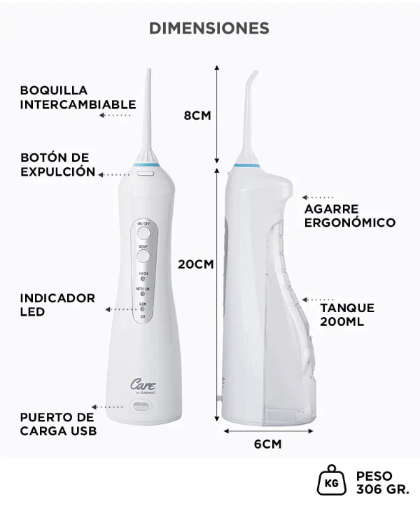 Producto - Irrigador dental de agua inalámbrico -tanque 200ml -3 niveles de presión - 4