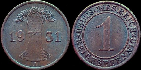 Producto - Alemania - República de Weimar - 1 Pfennig (1931 A) KM #37 [VF]