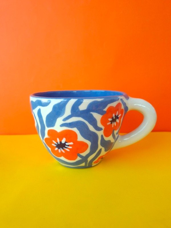 Producto - Taza bombé Flores Naranjas y hojas azules