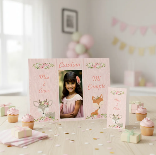 Producto - Tríptico Imprimible Centro Mesa Animales Del Bosque Rosa