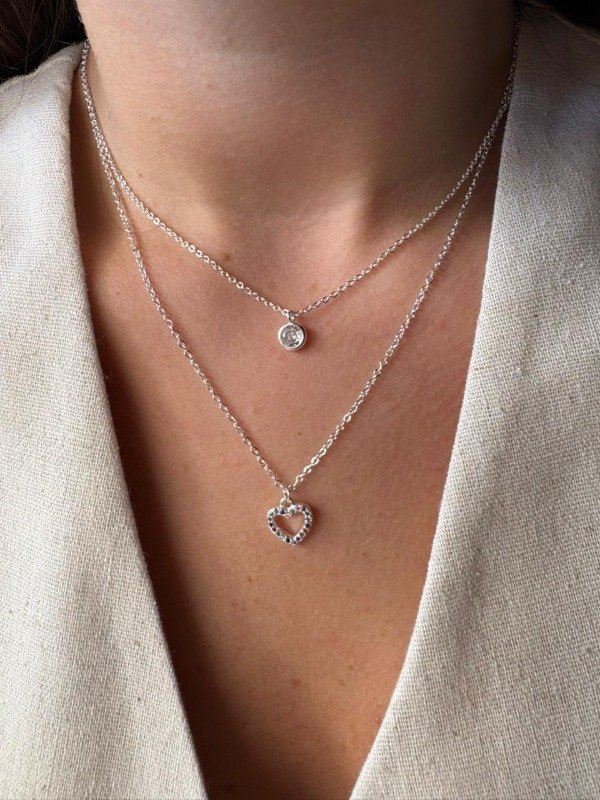 Producto - Collar doble corazon y punto de luz - Acero blanco