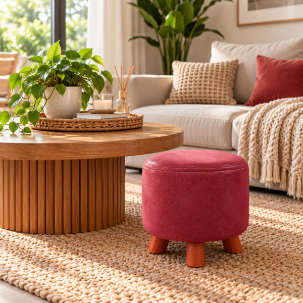 Producto - PUFF CIRCULAR C/ BASE MADERA 28CM DE DIAMETRO X 26 DE ALTURA TELA ACOLCHADA - 1