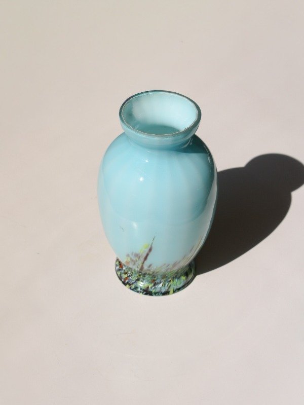 Producto - Florero de murano celeste con base multicolor