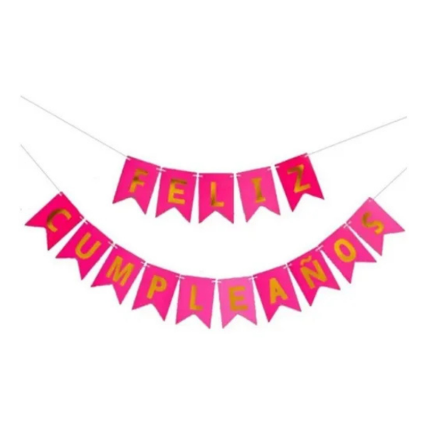 Producto - Banderin letra dorada FELIZ CUMPLEAÑOS color fucsia