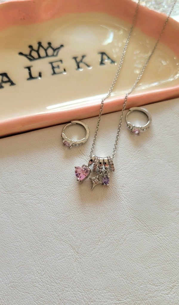 Producto - Conjunto corazón punto de luz y argollas con cubic de acero  quirúrgico - 4