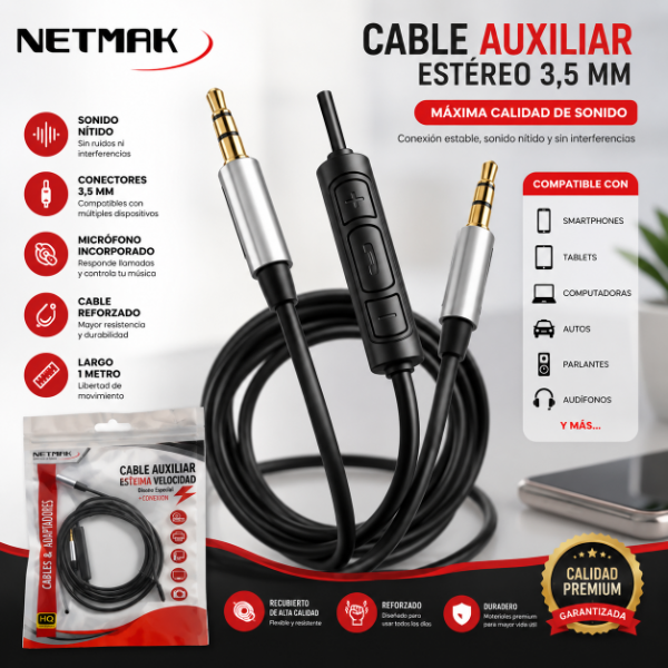 Producto - Cable Netmak NM-MIC15 Mini plug 3.5 mm Negro