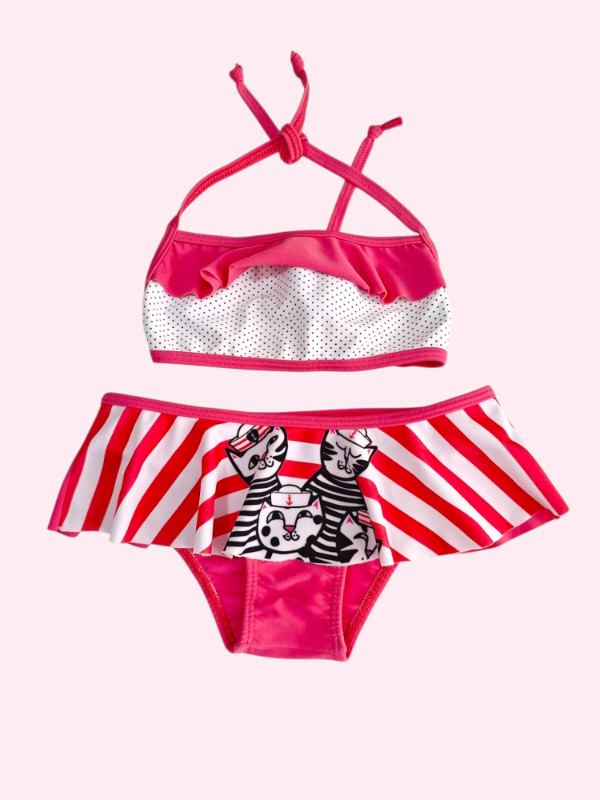 Producto - Bikini con volados y gatitos rosa con blanco 4/5 años