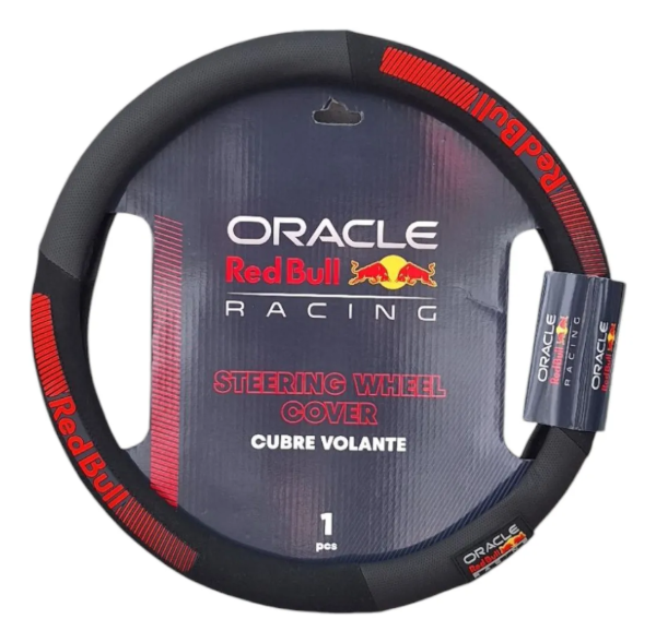 Producto - CUBRE VOLANTE 38CM NEGRO CON APLIQUES AZUL Y ROJO RED BULL RBSWC003BR