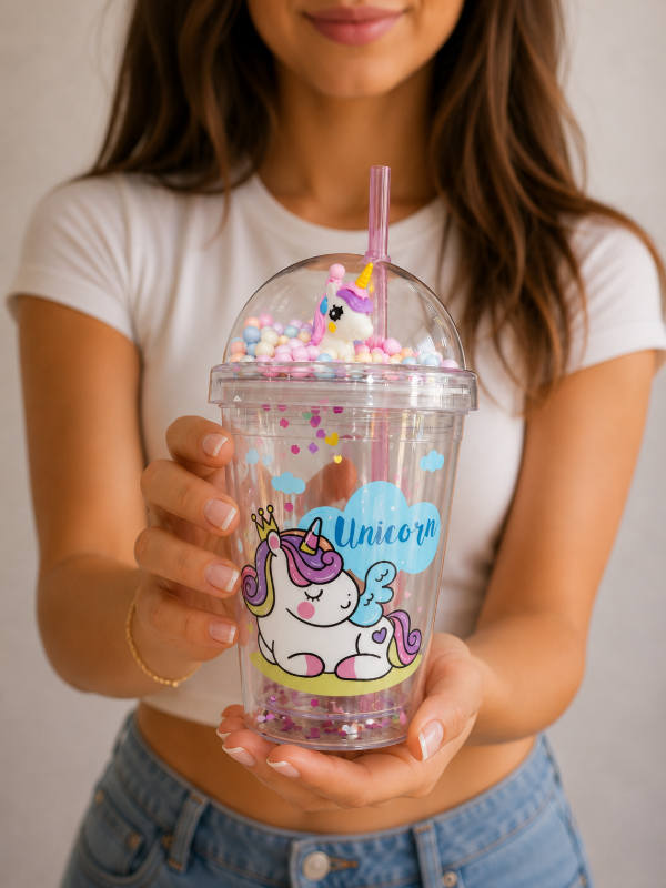 Producto - VASO CON SORBETE DOBLE PARED UNICORNIO
