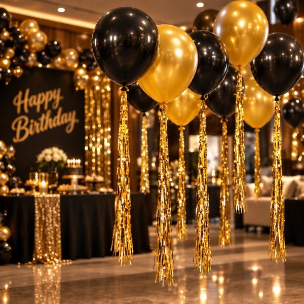 Producto - Kit Globos Dorado y Negro con Cortina 8168 - 0