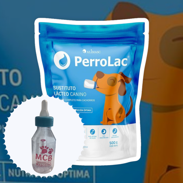 Producto - PerroLac, suplemento lácteo en polvo para perro cachorro, 500g + biberón 75ml.