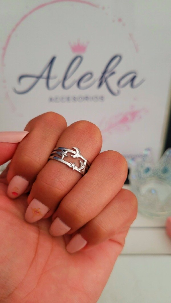 Producto - Anillo regulable diseño luna y estrellas de acero quirúrgico