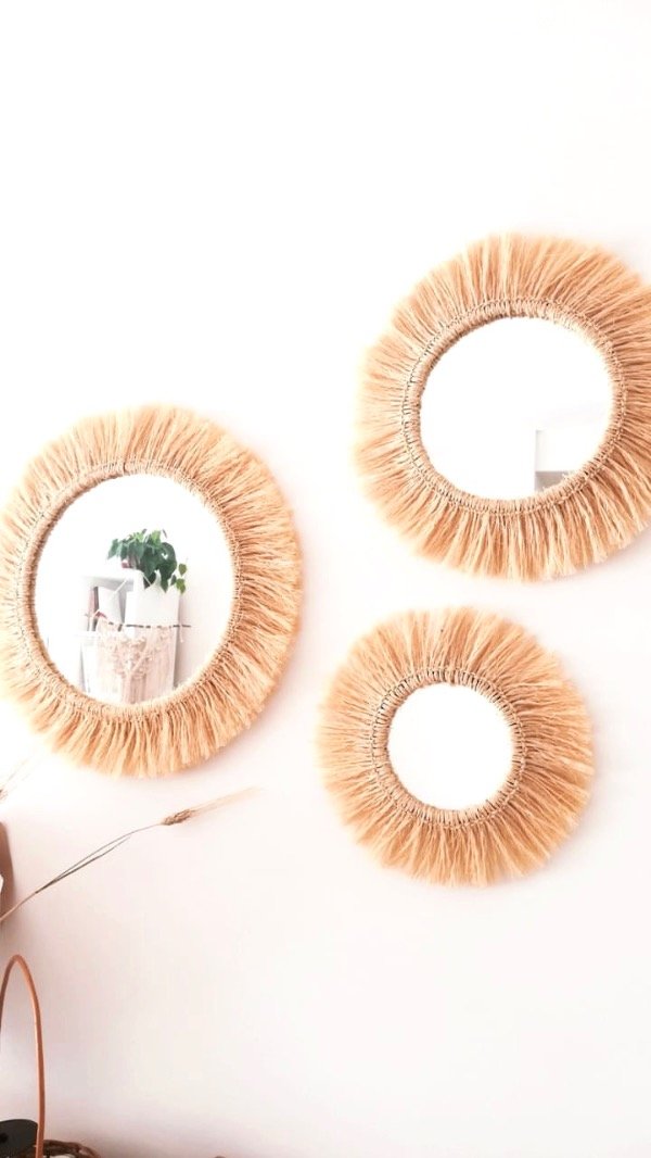 Producto - Set de 3 espejos artesanales Sisal. Decoración boho para el hogar.
