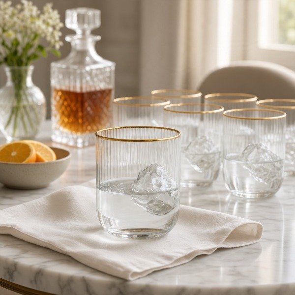 Producto - SET DE 6 VASOS RAYADOS CON BORDE DORADO DE VIDRIO EN CAJA 9X7CM - 0