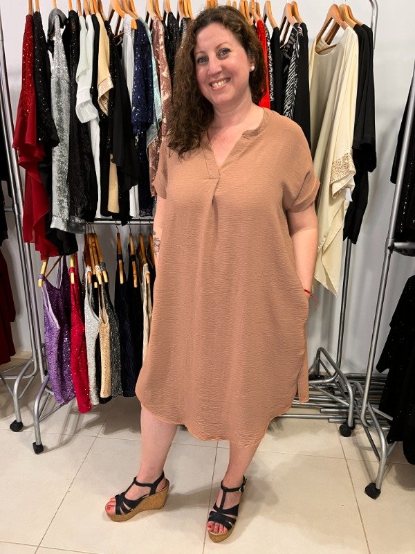 Producto - Vestidos Cey Sueltitos con Bolsillos 42.000 Transferencia Cuello en V - Habano