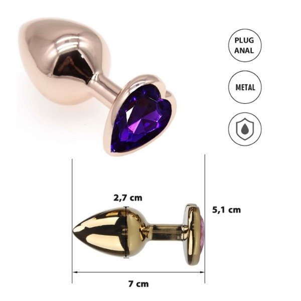 Producto - Plug Anal Dorado con Joya Violeta - Forma de Corazon